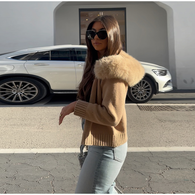 Women Fur Collar Autumn Sweater Coat Loose Fit Zipper Pullover