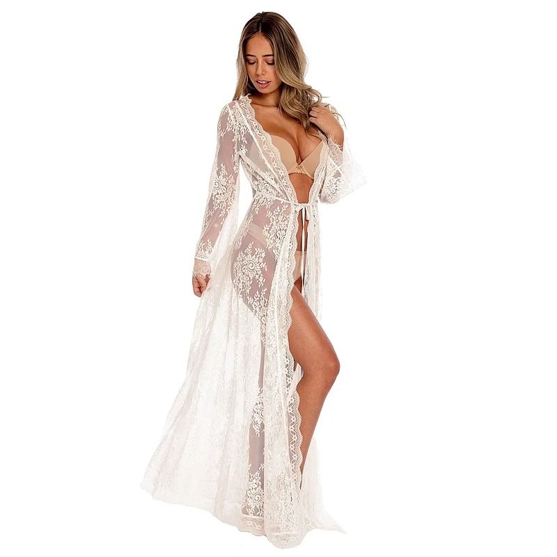 Womens Long Lace Sheer Nightgown – White Bridesmaid Robe & Sensual Kimono Bride Lingerie