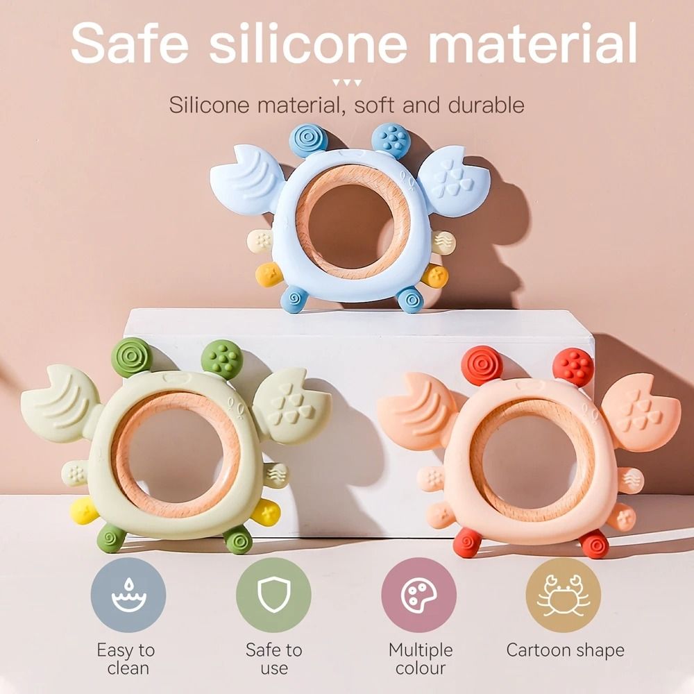 Silicone Crab Baby Teether with Natural Wooden Ring – BPA-Free Molar Toy