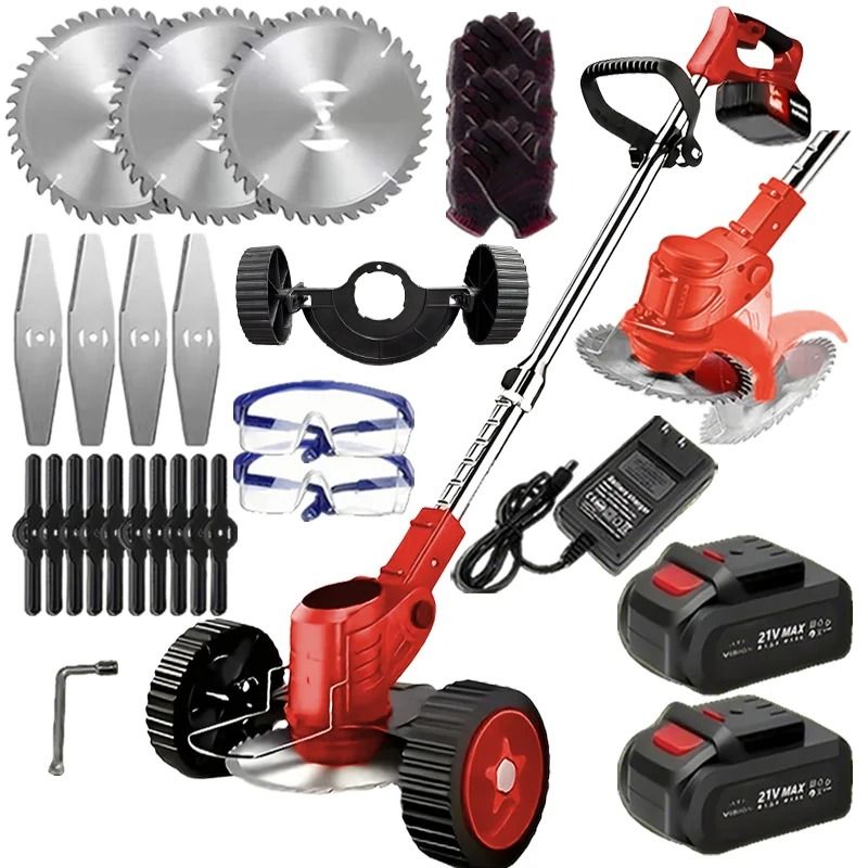 Cordless Grass Trimmer and Weed Wacker with 2 Li Ion Batteries and 3 Blade Types