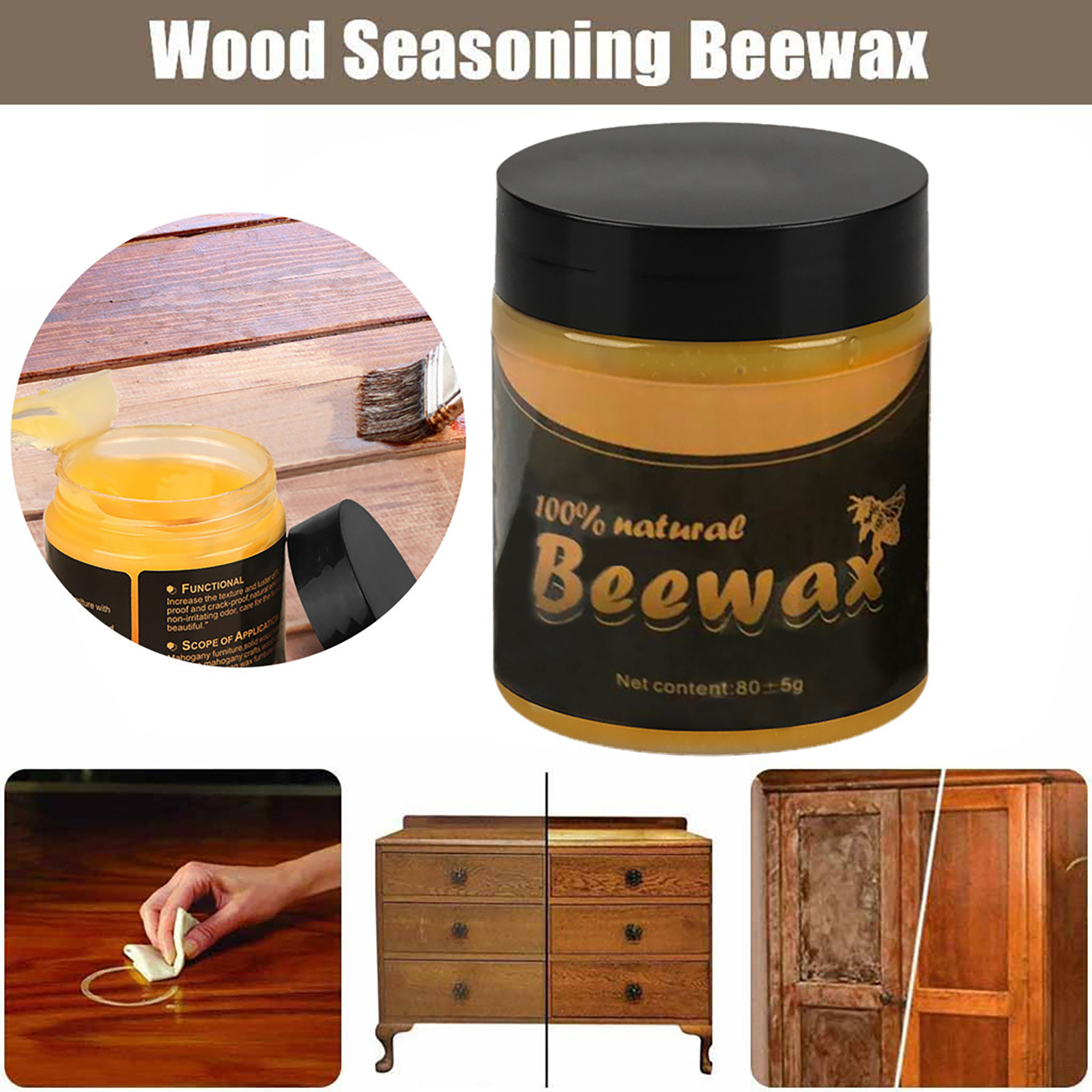 Organic Wood Seasoning Beewax, Natural Furniture Care Maintenance, Pure Wood Cleaning Polished Complete Solution