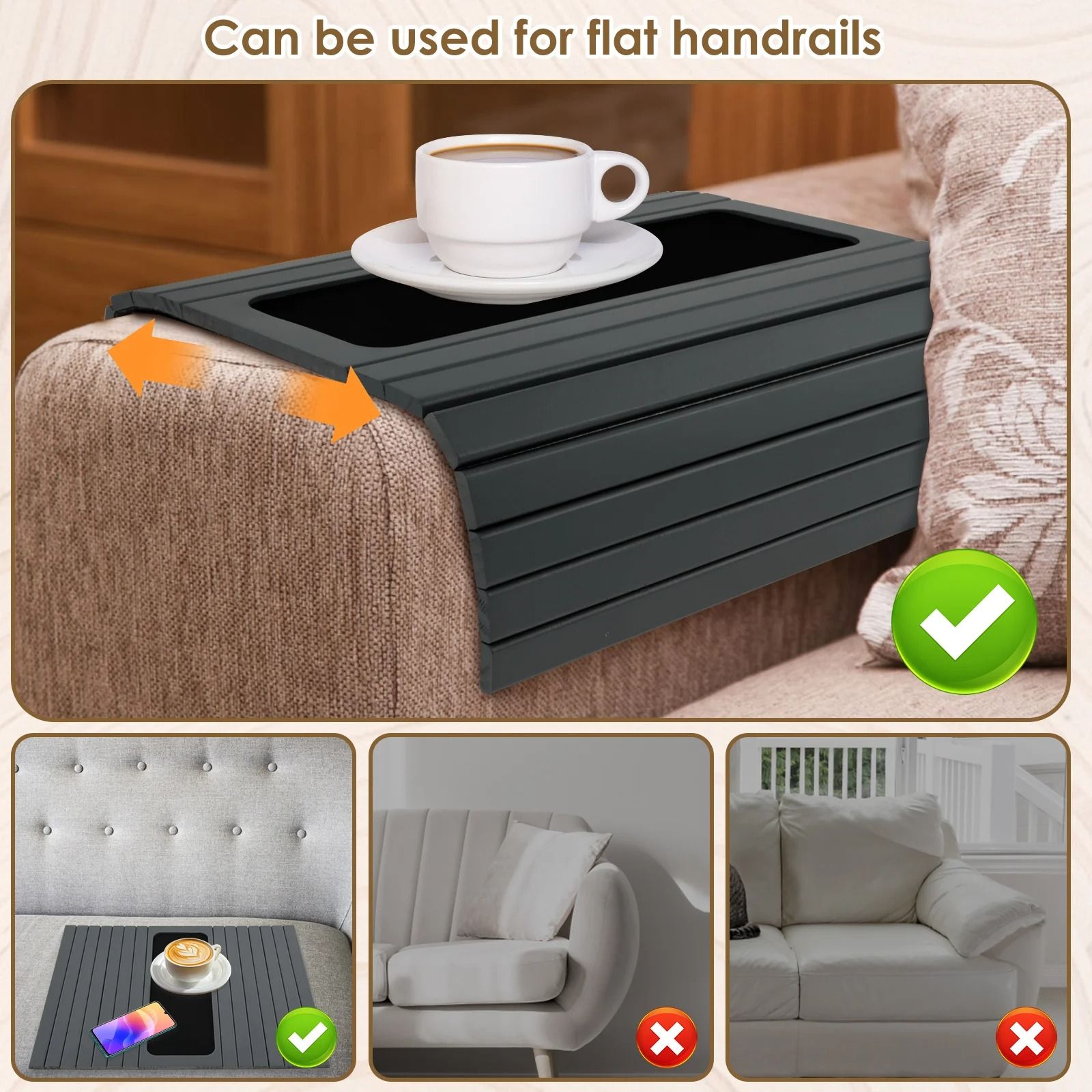 Folding Wood Sofa Arm Tray – Sturdy and Robust Sofa Armrest Table – Convenient Home Storage & Snack Tray