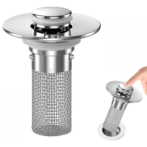 Pop-Up Bathroom Sink Drain Strainer with Removable Stainless Steel Hair Catcher and Drain Stopper