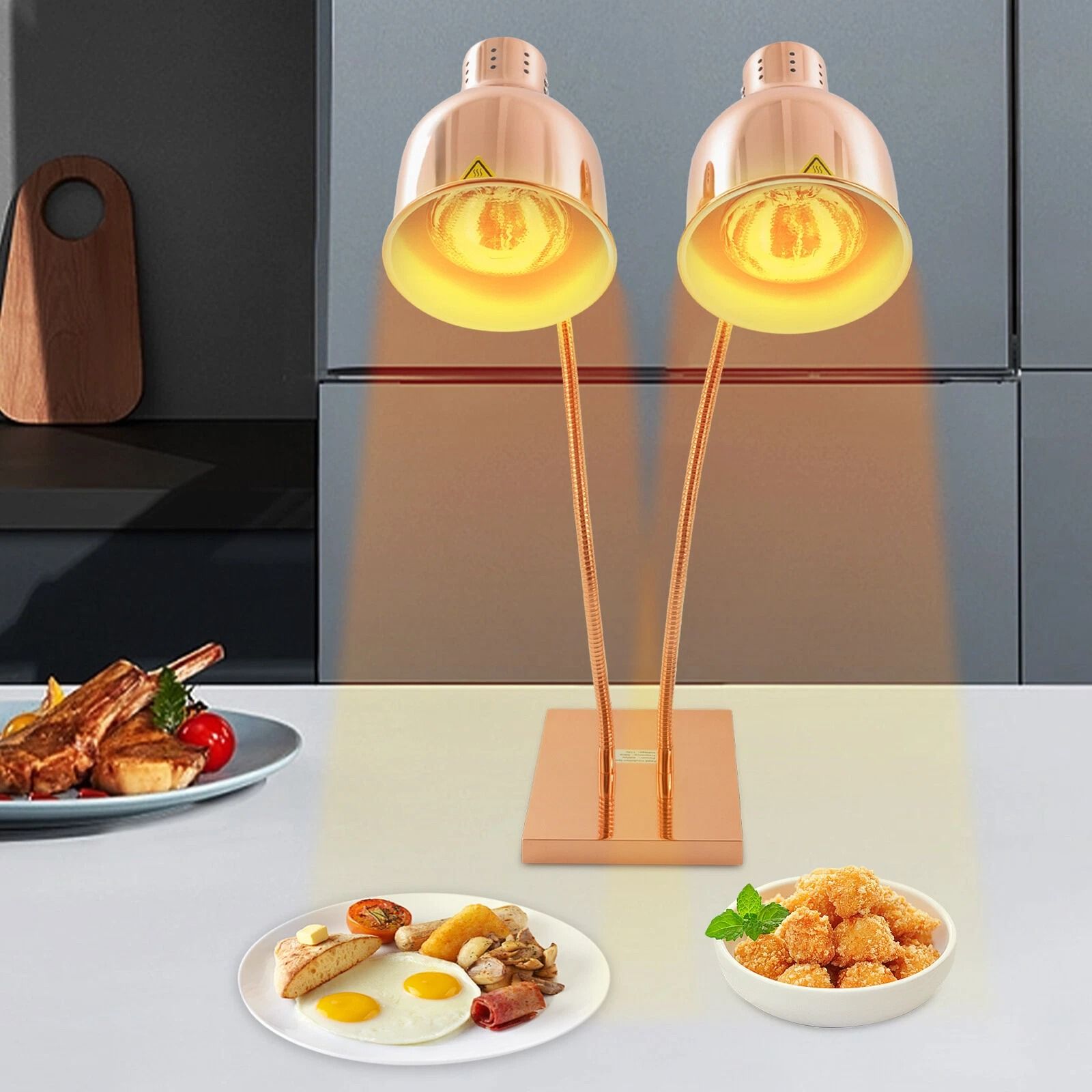 2-Head Food Warming Lamp Gold, Tabletop Food Insulation Lamp, Food Warmer