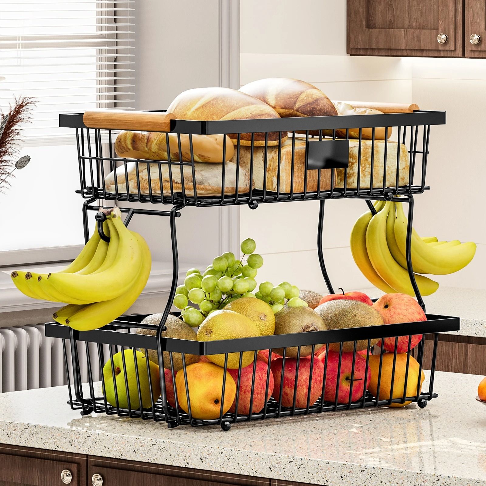Metal Storage Basket with Wooden Handle and Hooks