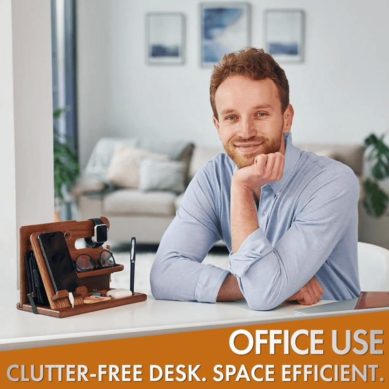 Wooden Desk Organizer with Phone Holder and Watch Stand