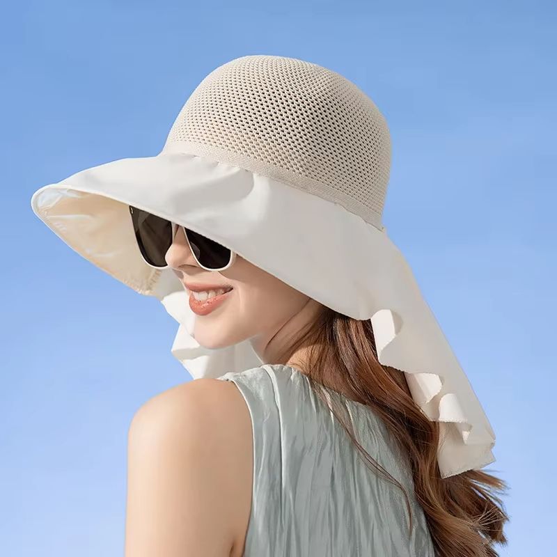 Women's Summer Sun Hat with Face and Neck Protection – Lightweight Mesh Bucket Hat with Shawl and Bow Detail