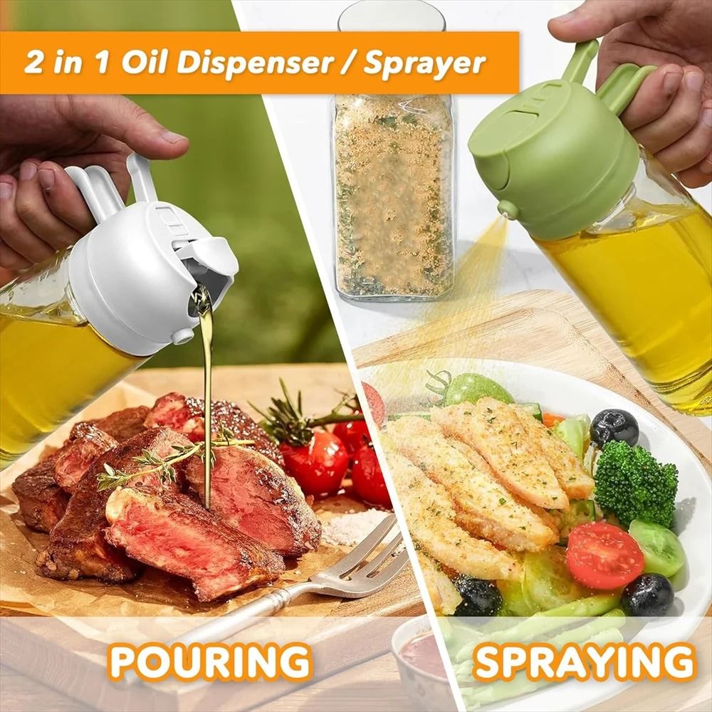 16oz/470ML Glass Oil Dispenser – 2-in-1 Automatic Flip Lid Cooking Sprayer