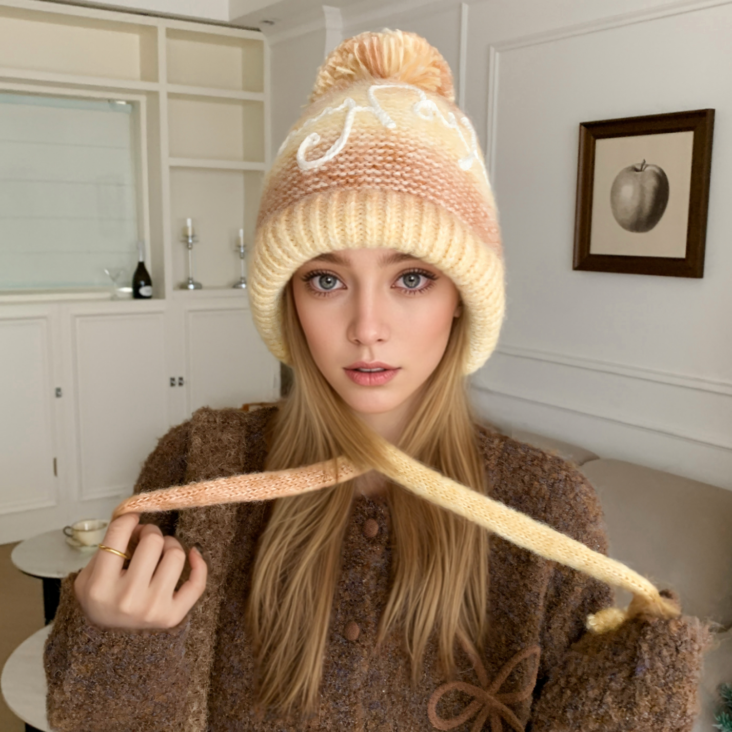 Trendy Streetwear Gradient Color Hat For Women, Knitted Winter Pompoms Cap With Rope, Warm Dandy Hat, Fashion Hat