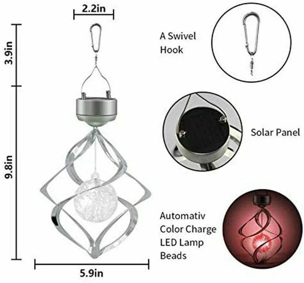 Solar Powered Color Changing Spiral Wind Spinner with LED Light Wind Chimes for Yard Decor