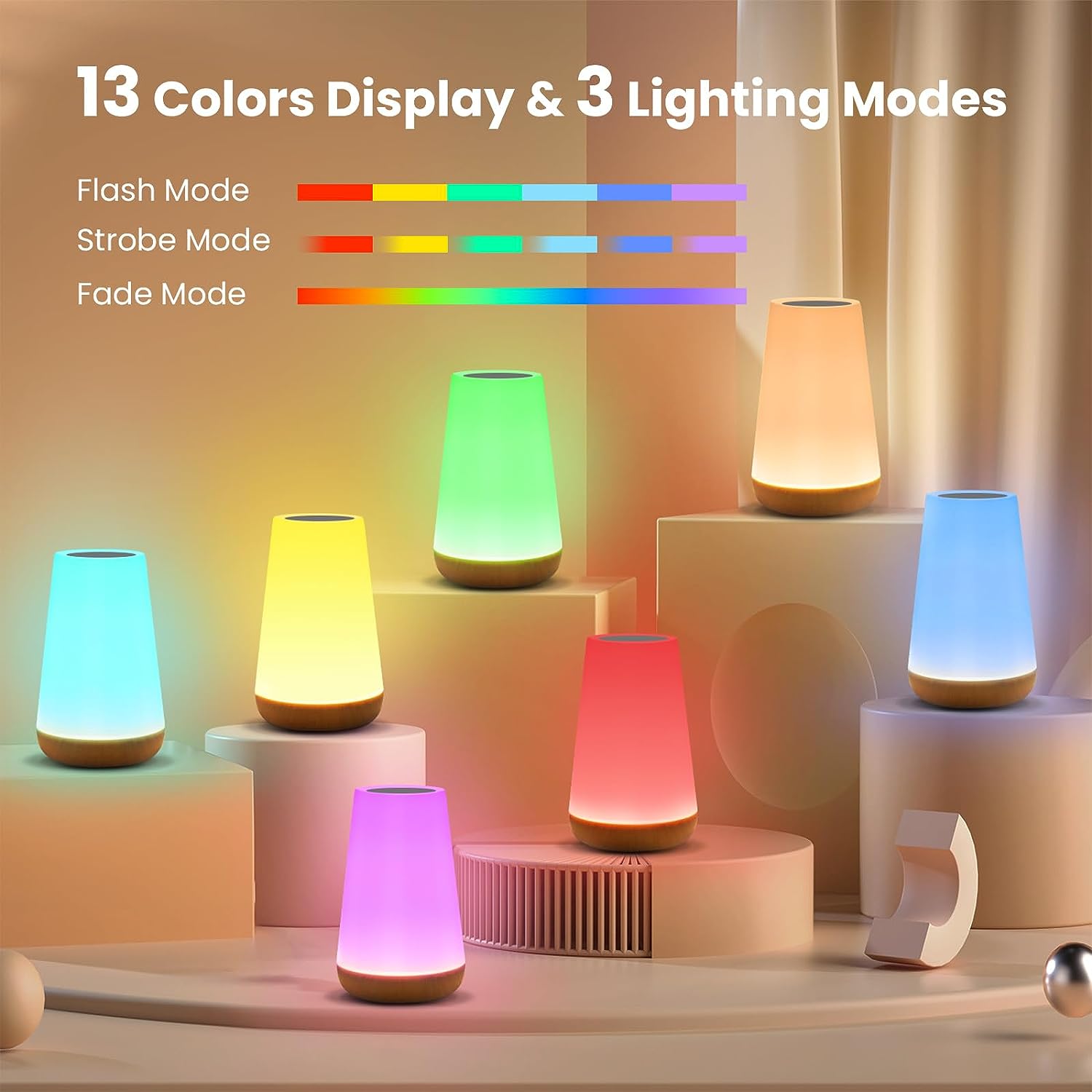 USB Rechargeable RGB Night Light, Touch and Remote Control, Dimmable Portable Bedside Lamp