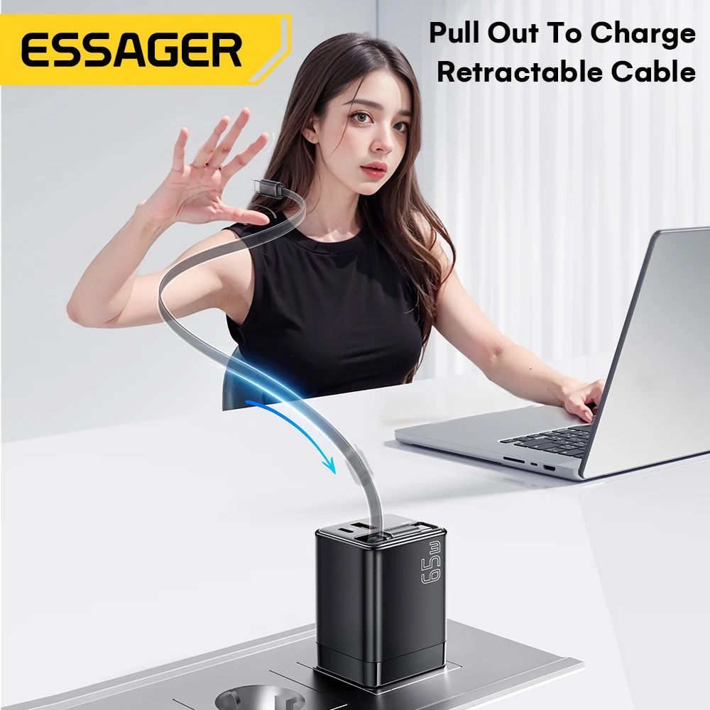 Essager 65W GaN Charger with Retractable Cable – PD Fast Charging USB-C Laptop & Phone Power Adapter