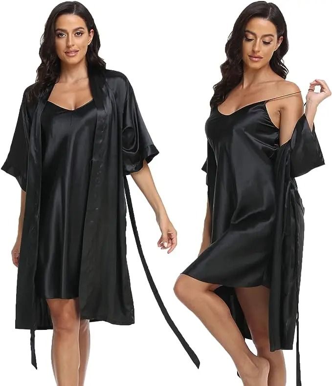 Silk Satin 2-Piece Pajama Set – Professional Sexy Silky Pj Robe with Chemise Nightgown