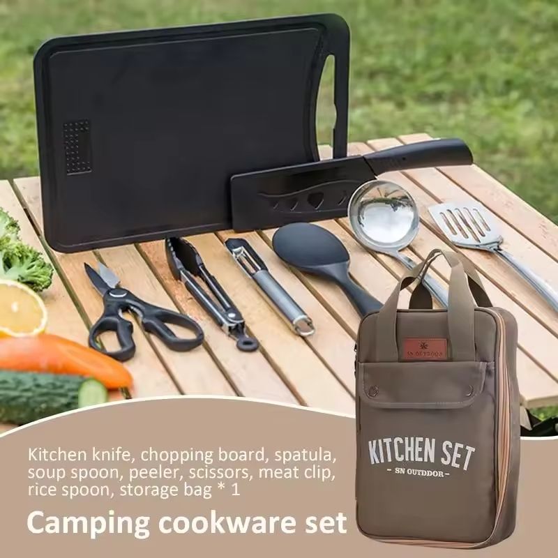 8pcs Camping Kitchen Cookware Set Portable Outdoor Travel Utensils Stainless Steel Cooking and Grilling Set for BBQ Picn