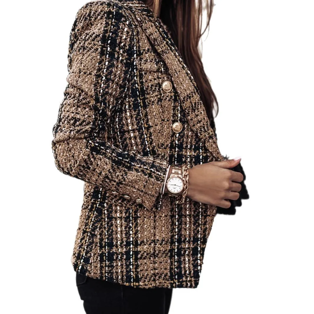 Women's Printed Suit Jacket, Autumn Winter New Style, Long Sleeve Double Button Blazer, Regular Fit Polyester Fiber