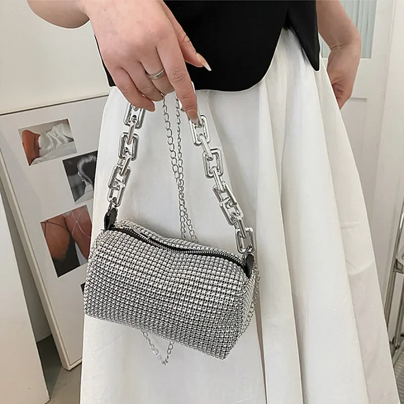 Allover Rhinestone Bucket Bag, Glitter Chain Mini Crossbody Prom Purse for Women