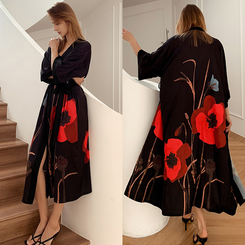 Sexy Print Flower Kimono Bathrobe Gown, New Spring Summer Female Long Robe Nightgown, Casual Silk Satin Home Dress Loung