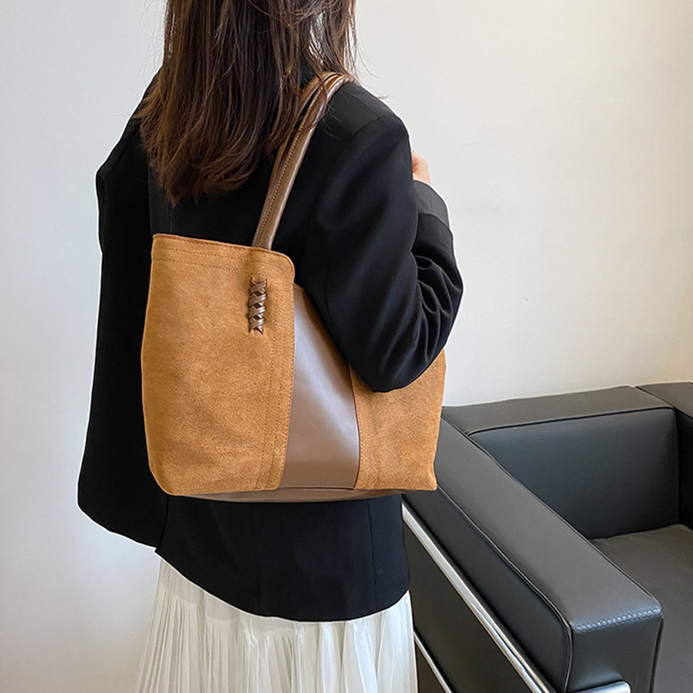 Premium Suede Tote Handbag for Women Stylish Colorblock Shoulder Bag