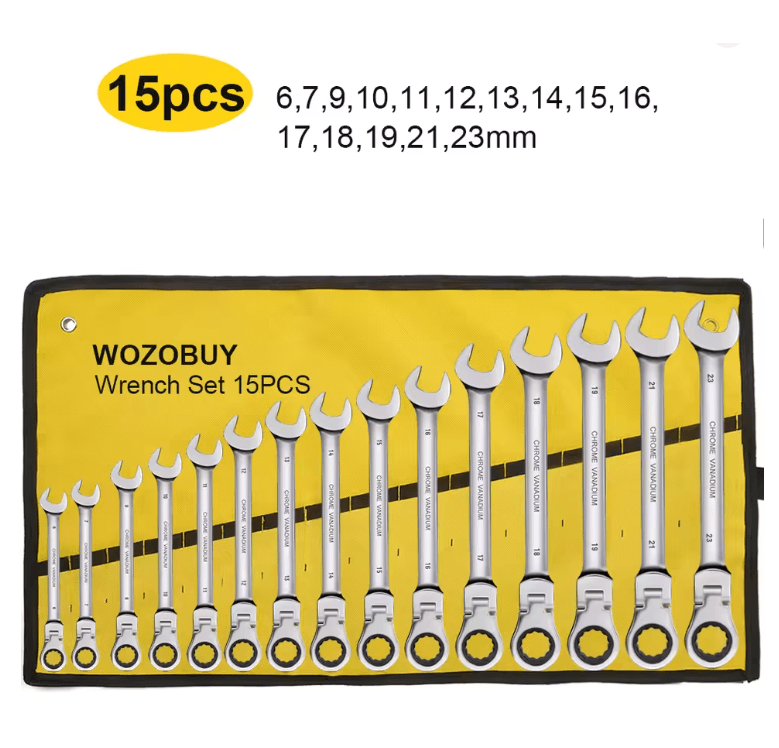 Metric Ratcheting Combination Wrench Set with Flex Head and Carrying Bag