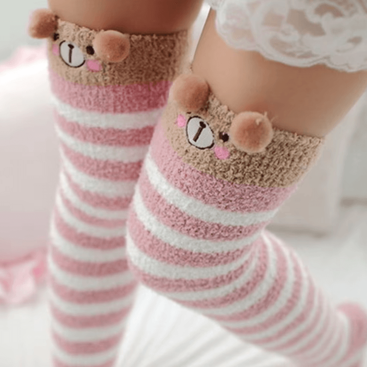 Kawaii Animal Print Thigh High Socks – Cute Striped Japanese Warm Knee Socks
