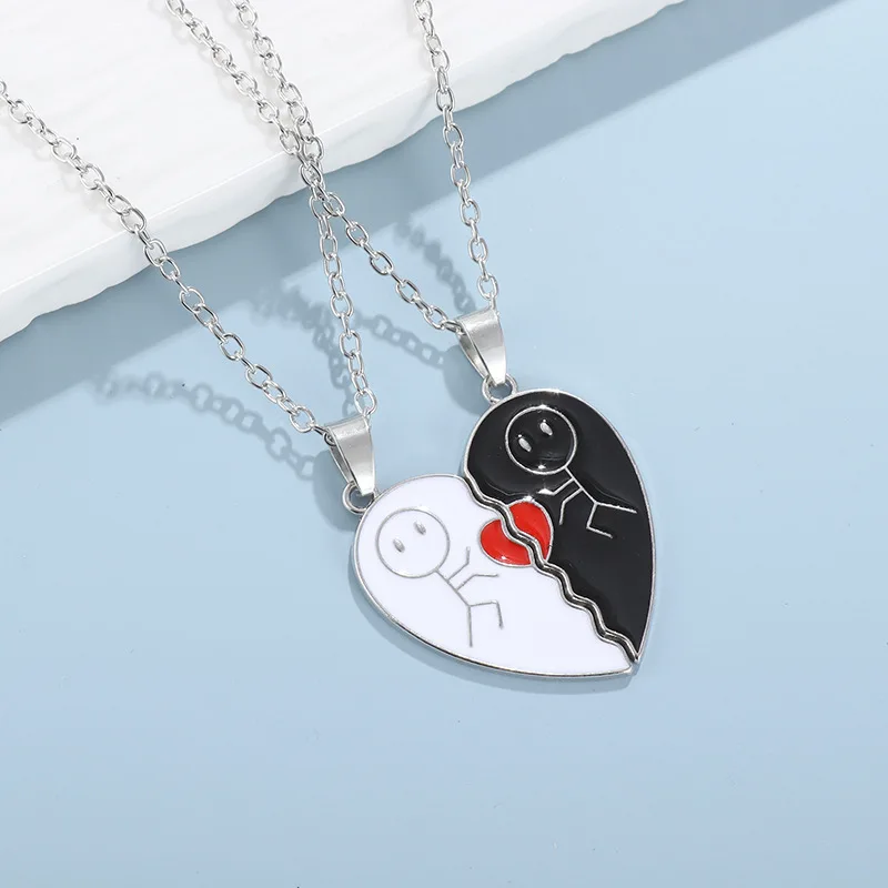 Couple Magnetic Necklace Stickman Heart Charm, Fashion Trendy Splicing Heart Pendant Jewelry Gift
