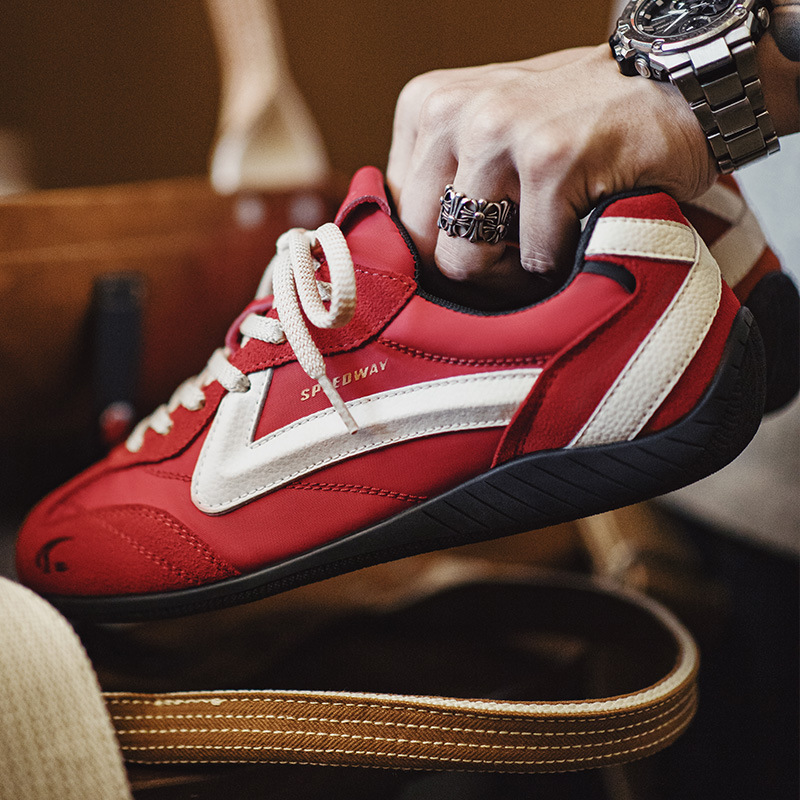 Maden Vintage Patchwork Red Racing Sneakers Lace-Up Sporty Unisex Breathable Summer Thin Sole Casual Trainers Shoes