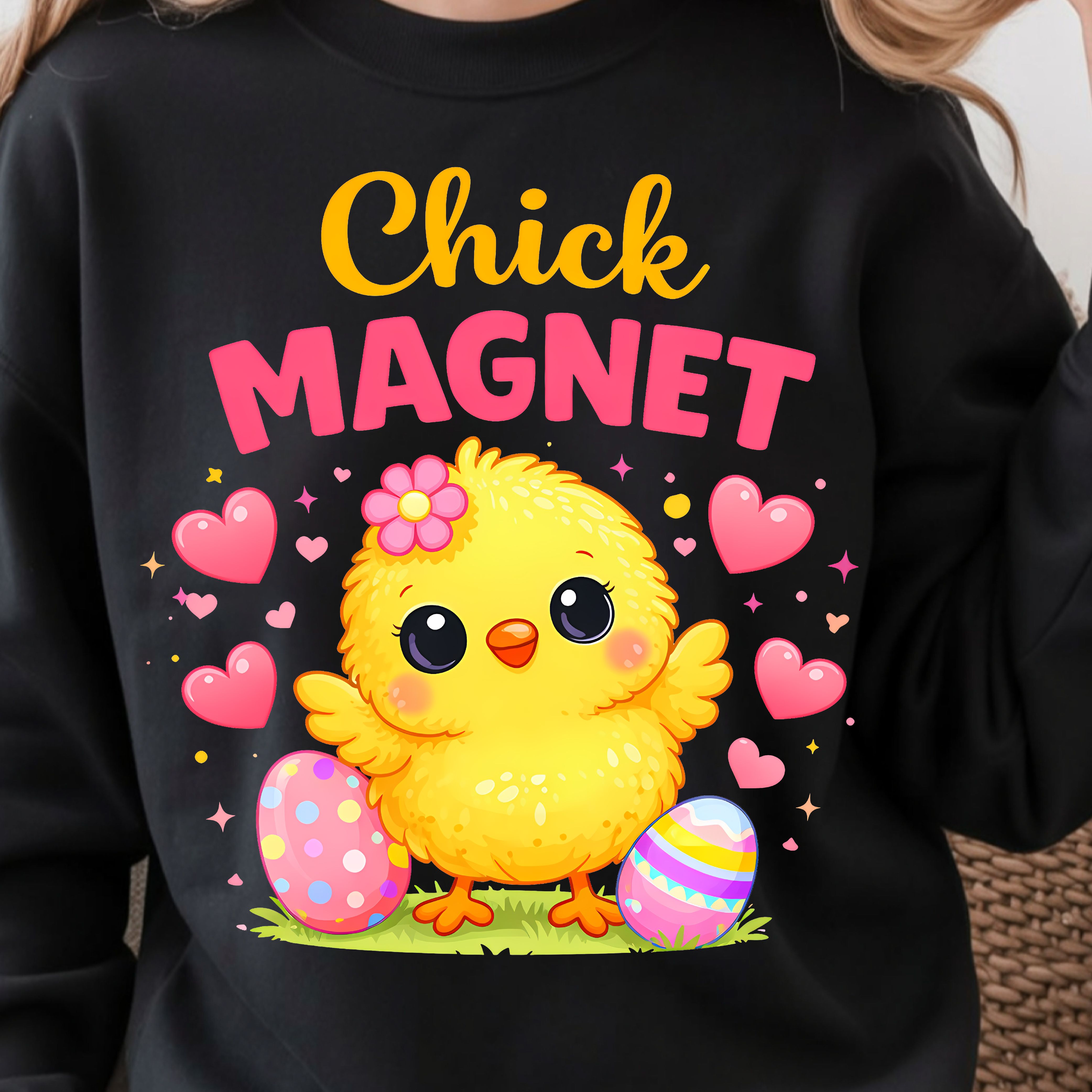Chick Magnet Easter Shirt – Cute Chick with Easter Eggs and Hearts Spring Tee