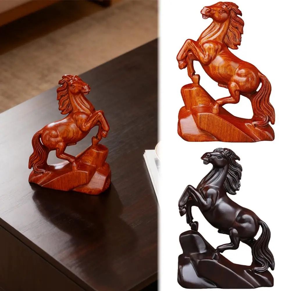 Rosewood Carved Horse Statue Feng Shui Lucky Zodiac Desk Decor