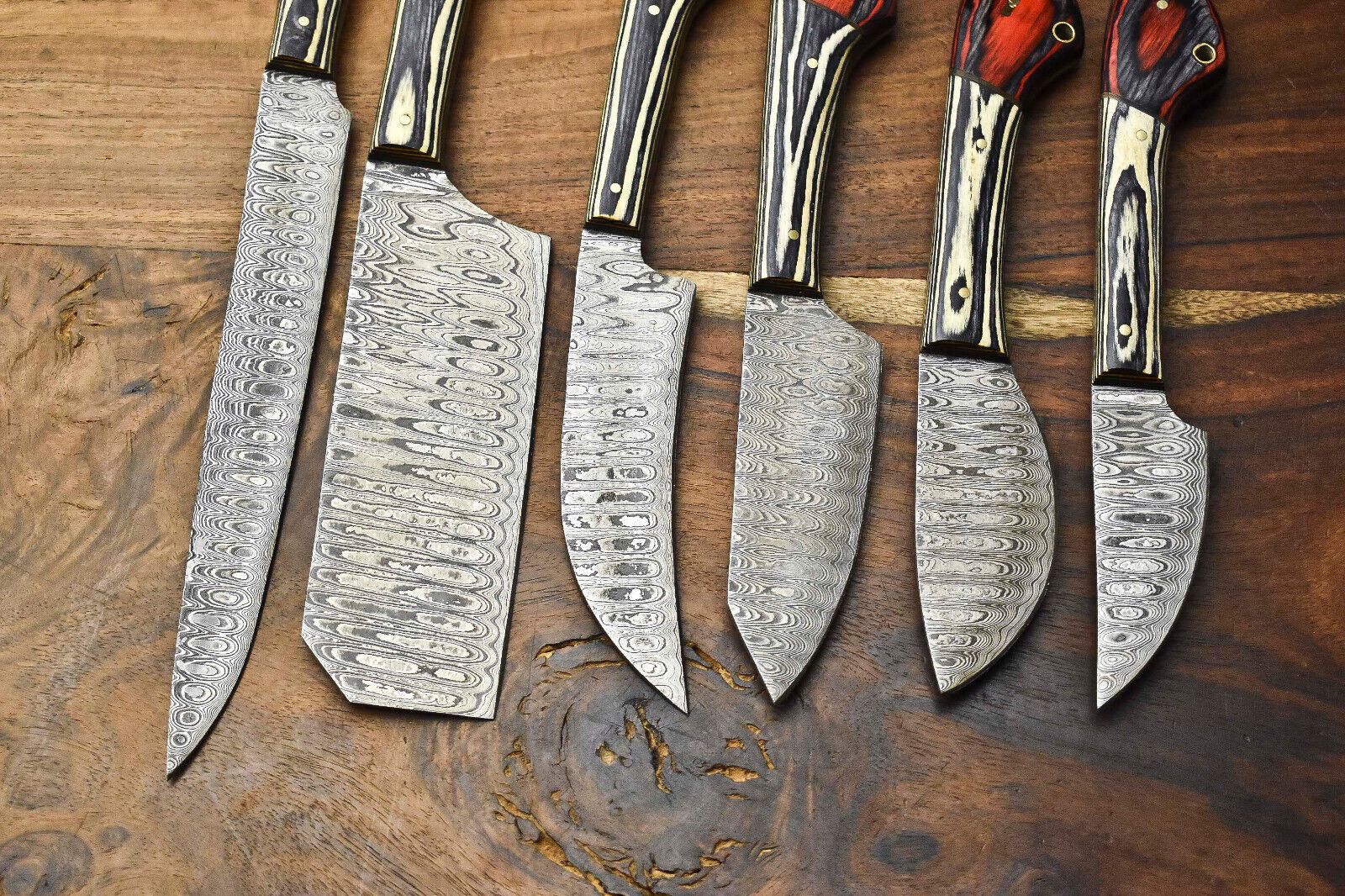 Handcrafted 6-Piece Damascus Steel Chef Knives Set | Custom Hammered Kitchen Blades