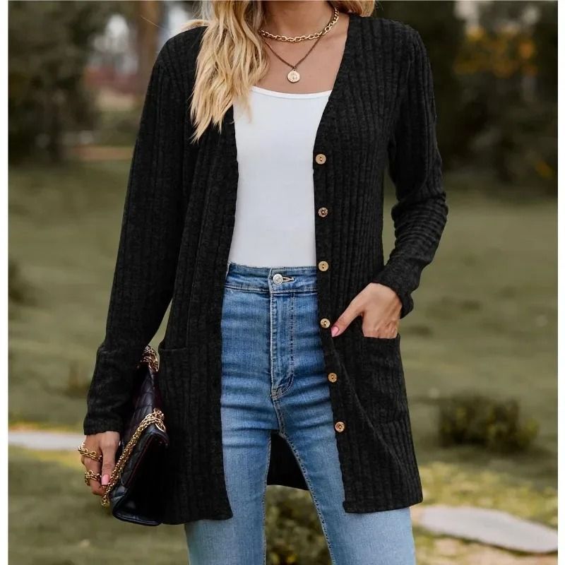 Women Long Sleeve Button V Neck Casual Cardigan Jacket