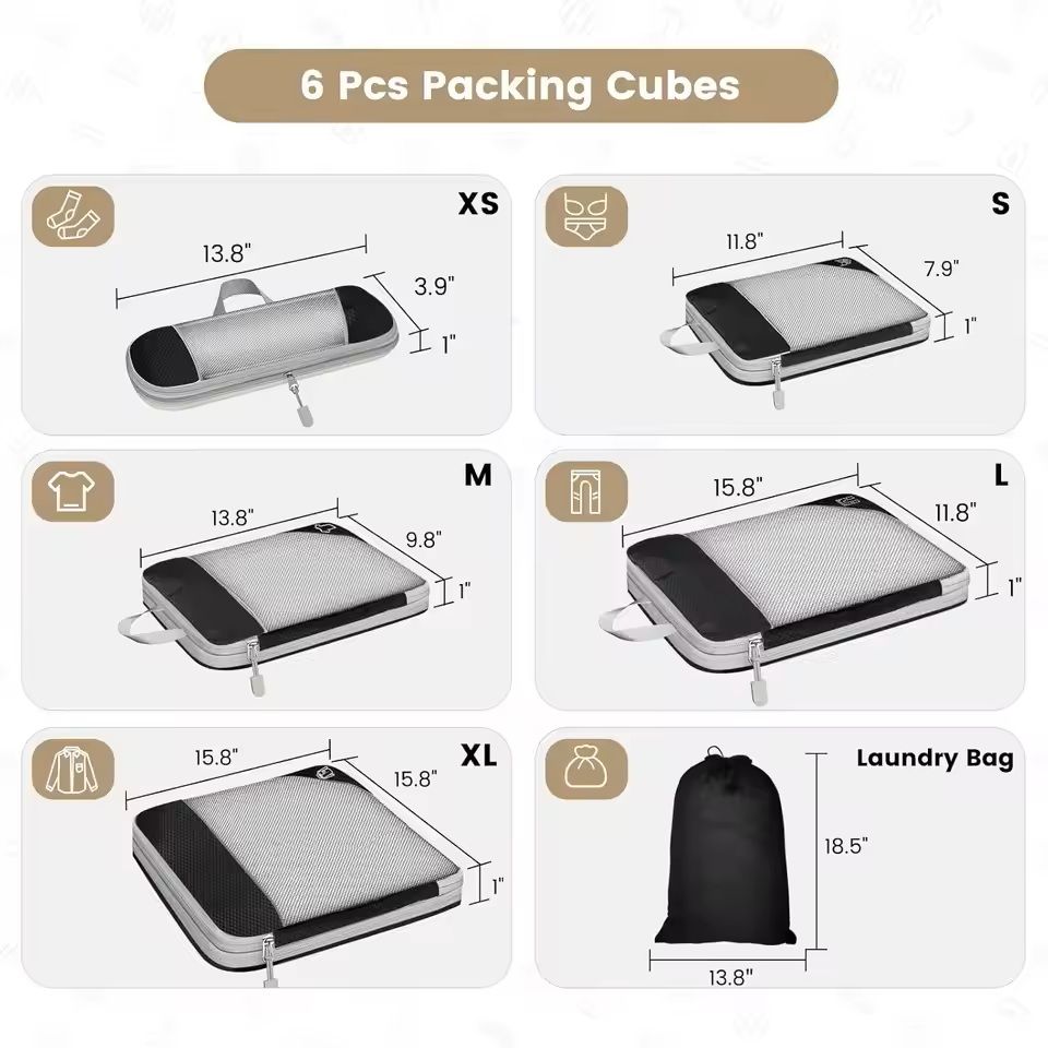 6 Piece Travel Packing Cube Set with Shoe Bag and Mesh Panels