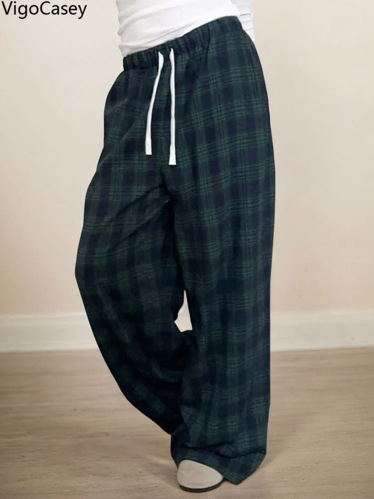 VigoCasey 2025 Women Plaid Print Casual High Waist Wide Leg Pants Green Baggy Autumn Winter Trousers