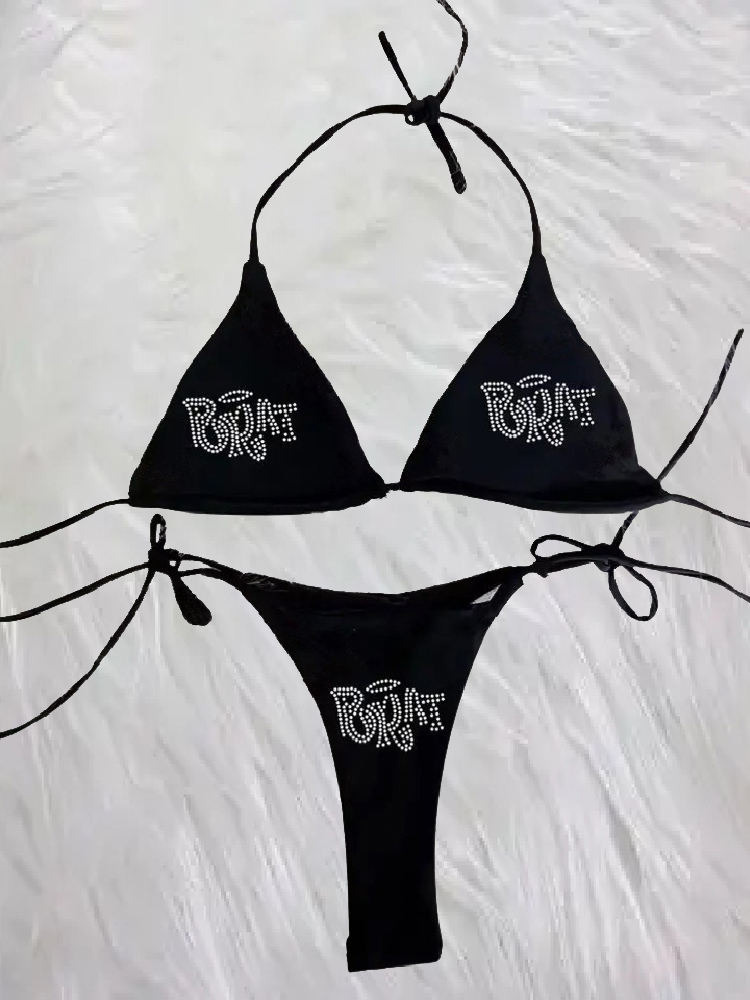 Grunge Swimsuit Bikini, Woman Punk Beach Swimwear, Gothic BRAT Rhinestone Printing, Lace Up Bathing Suits
