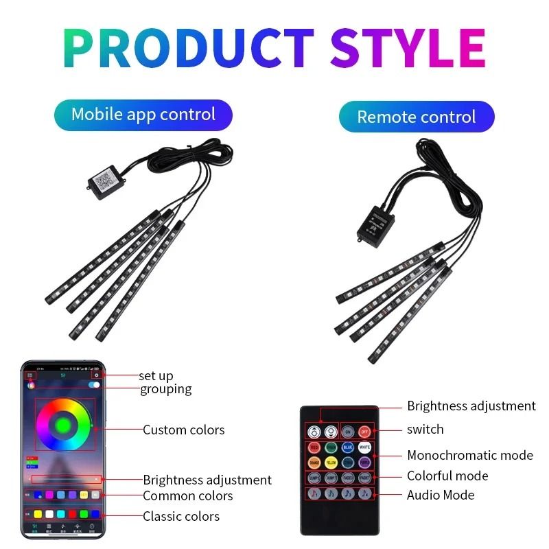 RGB Neon LED Car Interior Ambient Light Kit with App and Remote Control