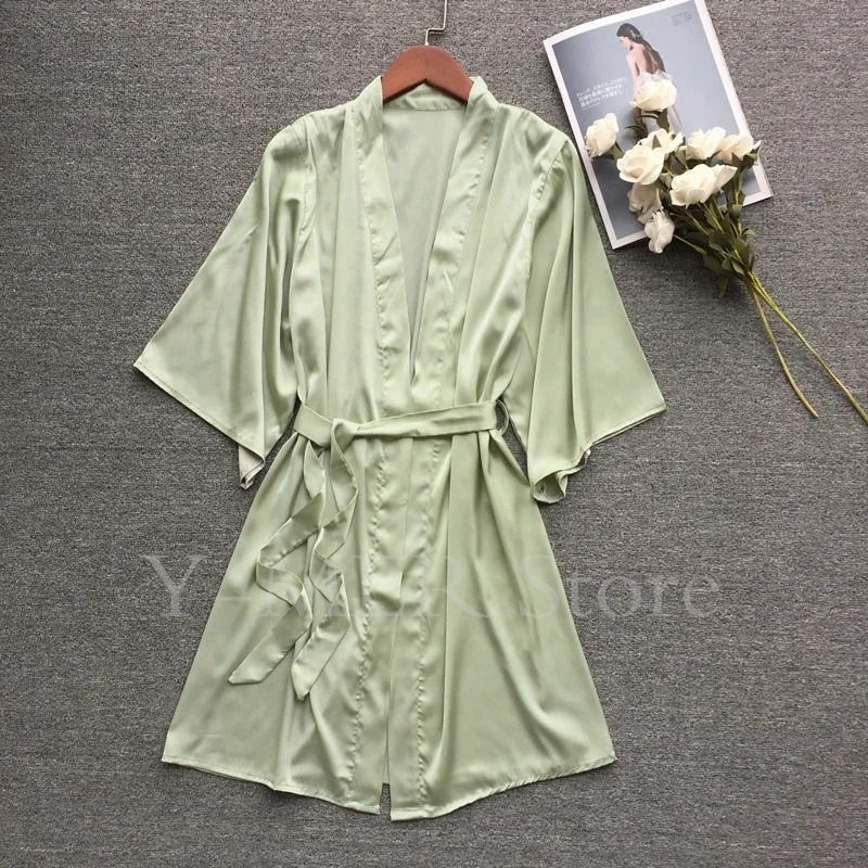 Sexy Embroidered Edge Kimono Robe – Professional Silk Satin Long Gown with Mesh Sleeves