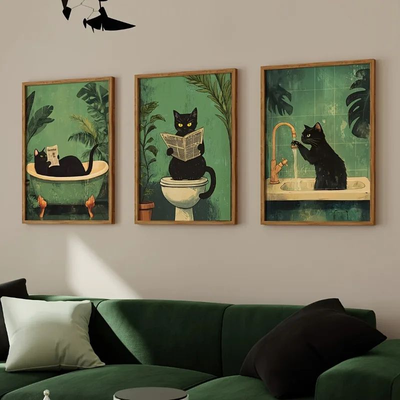 Funny Black Cat Bathroom Wall Art Set