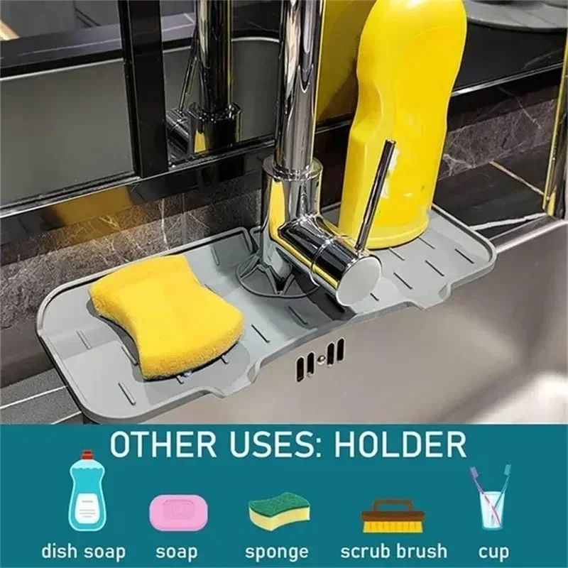 Silicone Faucet Splash Guard Mat with Drain – Kitchen Sink Organizer & Countertop Water Catcher Pad