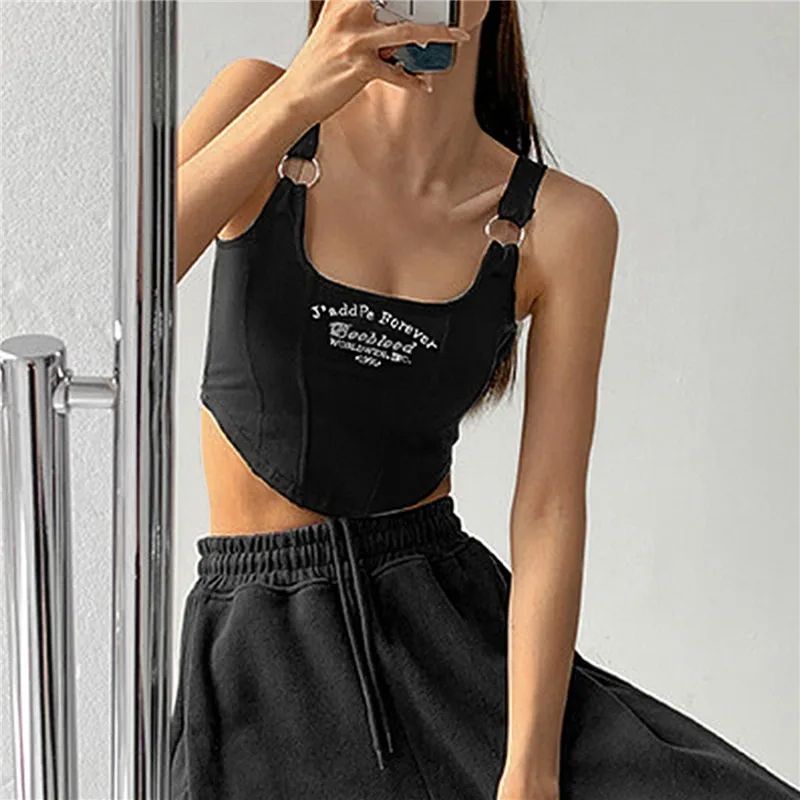 Y2K Shoulder Belt Iron Ring Crop Tank Top with Built-In Bra Pad – Embroidered Letter Slim Fit Cami