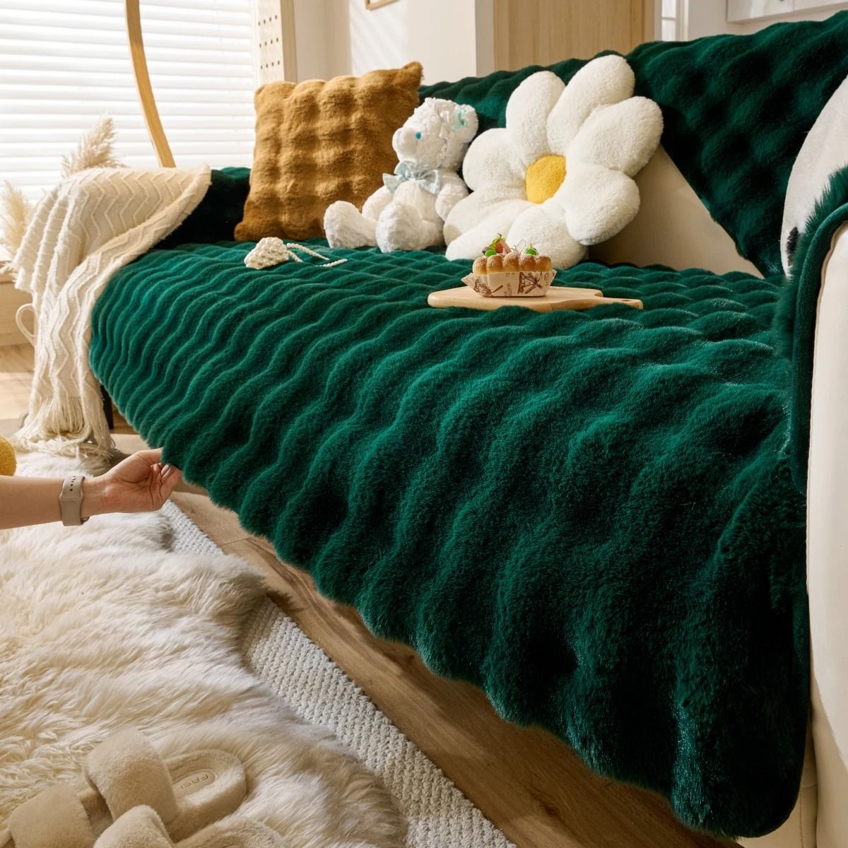Thick faux rabbit fur sofa slipcover non slip plush couch cushion cover