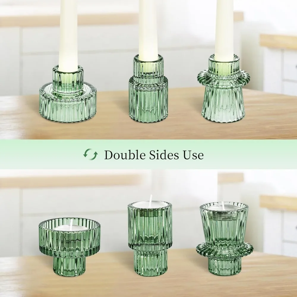 Short Small Glass Taper Candle Holder Set Ribbed Votive Candlestick Holder for Wedding Decor Table Centerpiece Dinner
