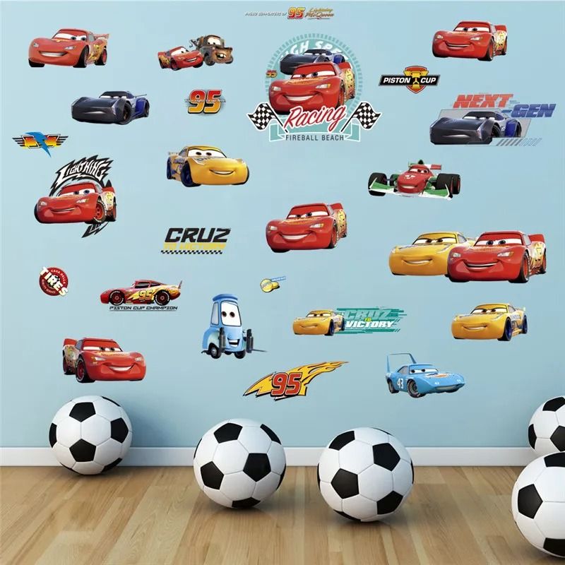 3D Cartoon Cars Breakthrough Wall Decal | Lightning McQueen Racing Mural | High-Fidelity Kid's Room & Playroom Art