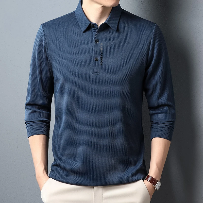 Casual Mens Waffle Long Sleeved POLO Shirt, Letter Printed Lapel Top