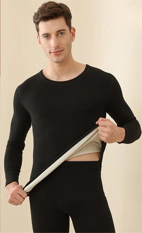 Mens Winter Underwear, Warm Fleece Lined T Shirt, Thick Crew Neck Solid Basic Thermal Underwear Clothing