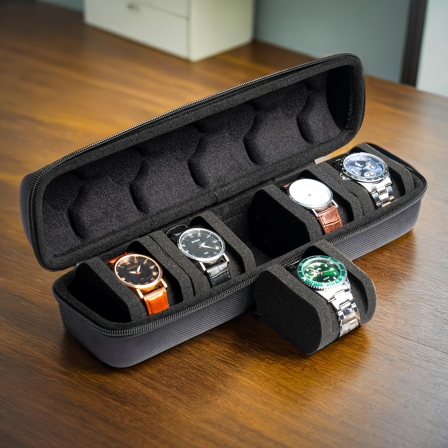 Portable Watch Case, Heavy-Duty Watch Organizer with Flip-Top Lid, Slot Watch Storage Box, Scratch-Resistant Interior