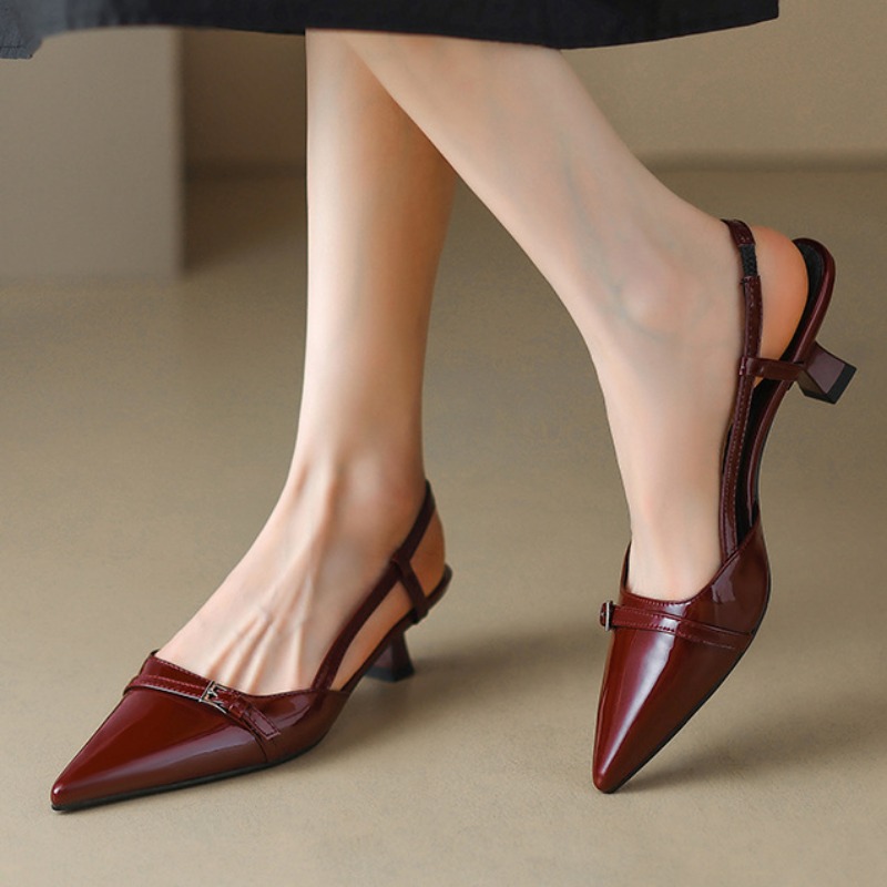 Summer Women Dress Shoes, Patent Leather Slip On Pointed Toe Sandals, Buckle Sling Backs Mid Heels Pumps