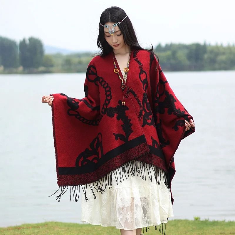 Luxury Jacquard Cashmere Shawl Unisex Winter Poncho Cape