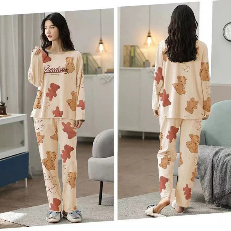 Fall Winter Womens Cartoon Pajama Set Long Sleeve Top and Pants Cozy Sleepwear Loungewear