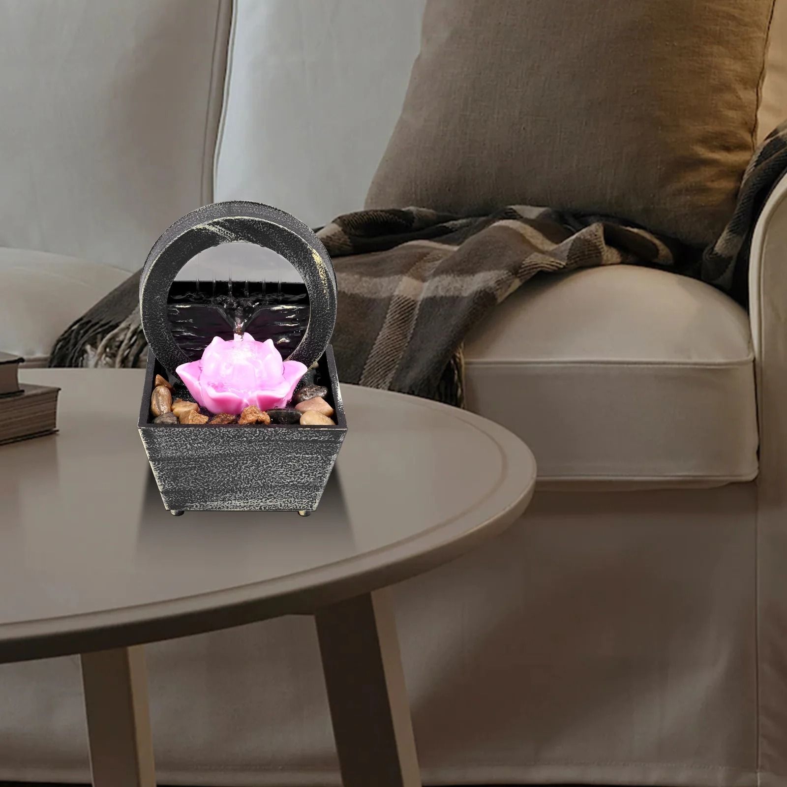 Tabletop Water Fountain Mini Desktop Waterfall with LED Light USB Powered