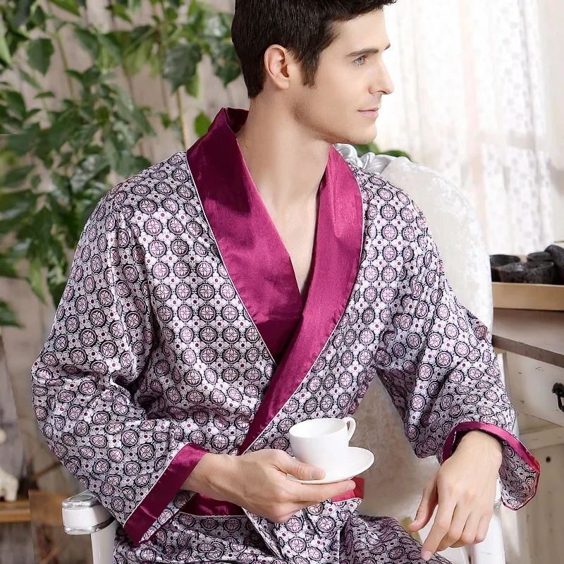 Men's Luxury Satin Silk Kimono Bathrobe Gold Print Shawl Collar Long Lounge Robe Plus Size