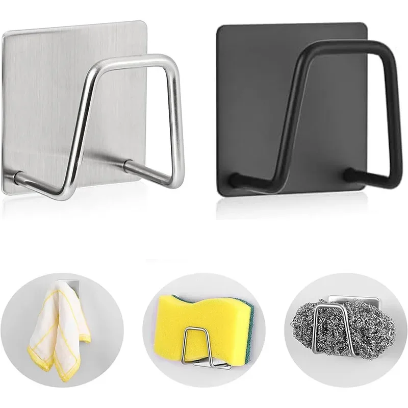 Self Adhesive Kitchen Sink Sponges Holder, Drain Drying Rack, Stainless Steel Storage Wall Hooks Organizer Tool